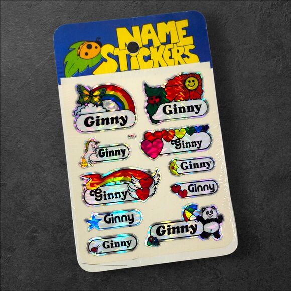 2 Vintage 80s Holographic Name Stickers Ginny Foil Sticker Sheets NIP Virginia - Picture 3 of 6